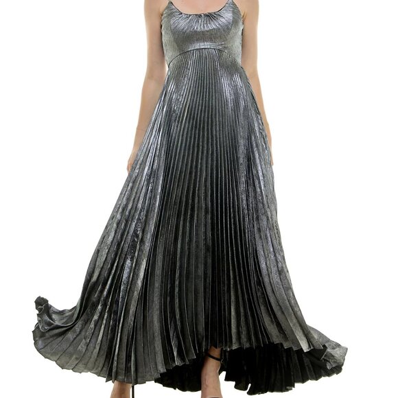 Black-silver metallic pleated sleeveless formal gown - Picture 1 of 11